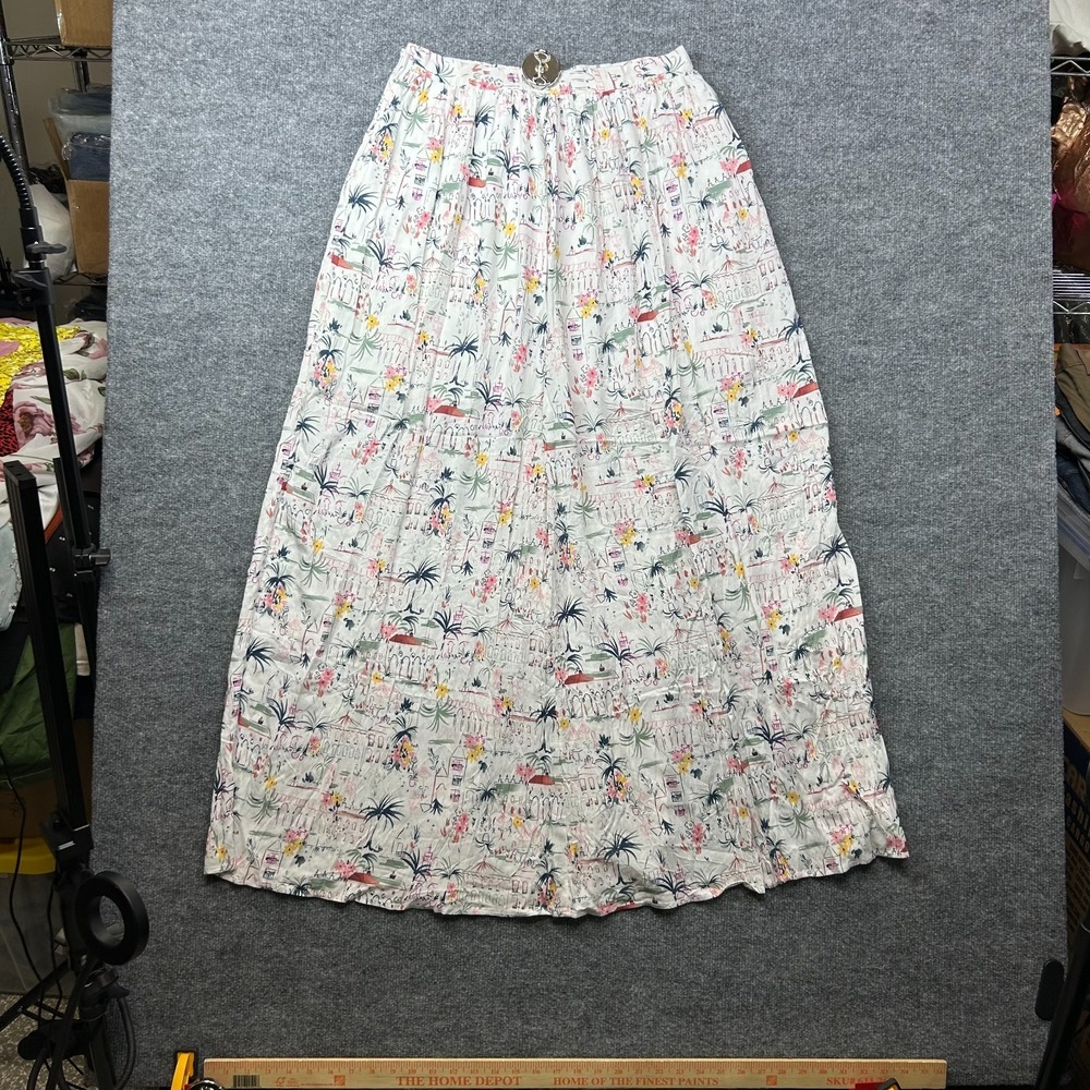 Blue Rain Maxi Skirt Women's‎ White Tropical Village Print Whimsical - Large